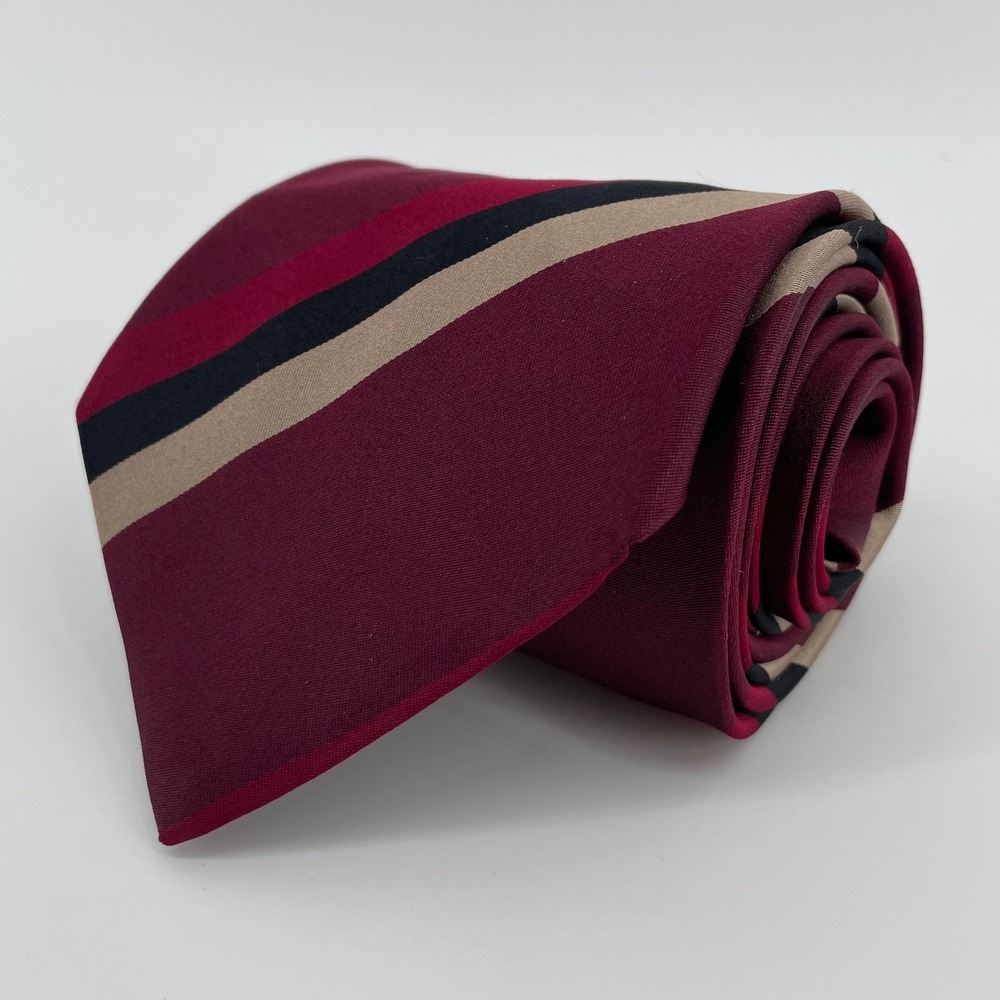 Burberry London Men's Silk Tie Burgundy Navy Tan Striped Prorsum Knight Logo